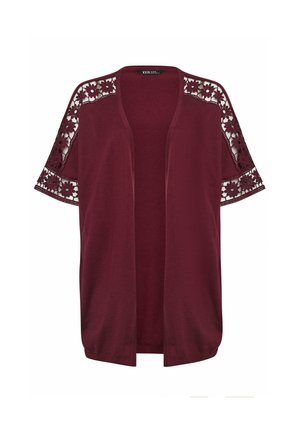 Bordeauxfarbener Cardigan mit offenem Vorderteil und kurzen Ärmeln, mit floralen Spitzenpaneelen an Schultern und Oberarmen.