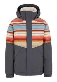 Skijack met een meerkleurig gestreept patroon in oranje, blauw en beige, met een grijze onderkant en een zachte binnenvoering.