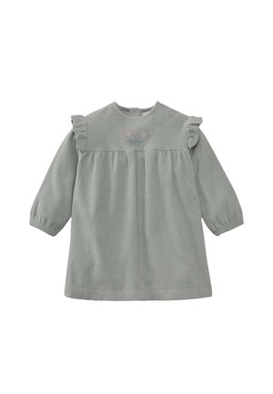 Langärmeliges hellgraues Baby-Kordkleid mit Rüschen an den Schultern und kleiner rosa und blauer Blumenstickerei auf der Brust.