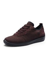 Baskets en tricot marron foncé avec accents en daim, semelle noire, fermeture à lacets et col rembourré au niveau de la cheville, présentées sur un fond blanc.
