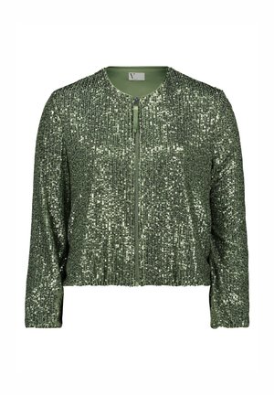 Zielona kurtka z cekinami o okrągłym dekolcie i pełnym zapięciu na zamek. Posiada długie rękawy oraz teksturowaną, błyszczącą powierzchnię.