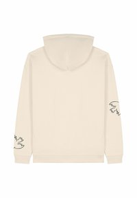 Felpa color crema con cappuccio regolabile, maniche lunghe e un graffico di disegni simili a ali sul braccio sinistro. Tessuto morbido e accogliente.