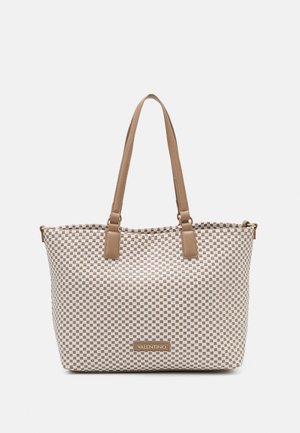 Beige-wit geruite draagtas met twee beige handvatten en een Valentino-logo op een plaatje in het midden aan de voorkant.