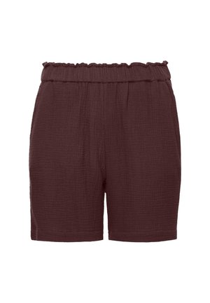 Braune Shorts aus strukturiertem Stoff mit elastischem, gerafftem Bund und geradem Saum, entworfen für den lässigen Gebrauch.