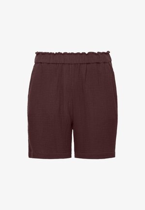 Ruskeat, tekstuurilliset kangasshortsit, joissa on joustava, ryhdytetty vyötärökaitale ja suora helma, suunniteltu rentoon käyttöön.