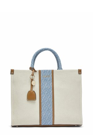 Sac fourre-tout crème avec une bande centrale à motif bleu, poignées assorties bleues, garniture marron et étiquette porte-clés en cuir attachée.