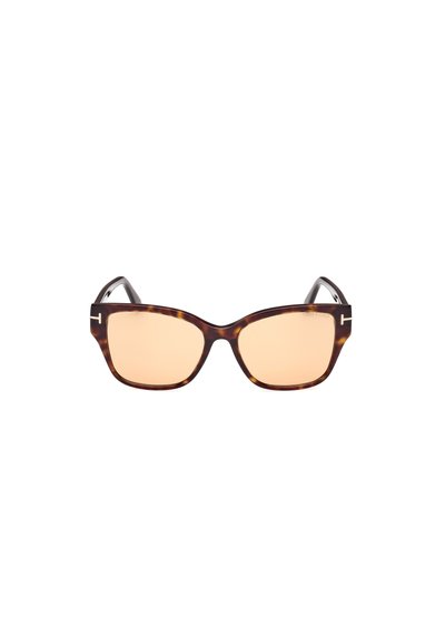 Ochelari de soare tortoishell cu formă de ochi de pisică, având lentile roz translucide și accente din metal pe temple.