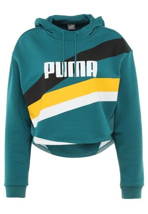 Teal cropped hættetrøje med sorte, gule og hvide diagonale striber, snoretræk, lange ærmer og "PUMA" logo foran.