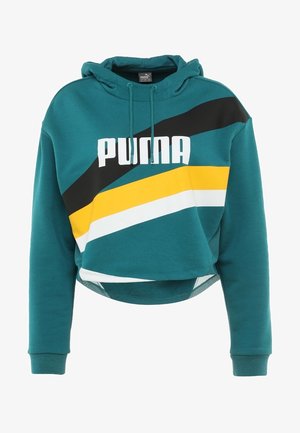 Teal cropped hættetrøje med sorte, gule og hvide diagonale striber, snoretræk, lange ærmer og "PUMA" logo foran.