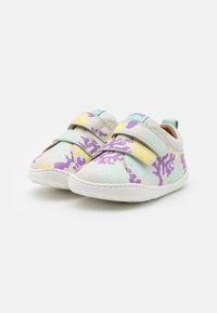 Colorful kids' shoes with purple, yellow, and teal abstract patterns. Made of soft leather, featuring two adjustable velcro straps and a rubber sole.