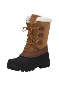 Hnědé semišové sněžné boty s bílou kožešinovou podšívkou, hnědými koženými akcenty, černou gumovou podrážkou a šněrovacím designem se zlatým kováním.