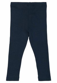 Tengerészkék, bordázott leggings, rugalmas anyagból, testhezálló kialakítással, elasztikus derékpánttal és látható fémrész vagy mintázat nélkül.