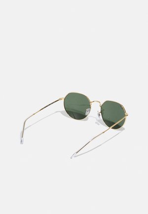 Gold metal-frame octagonal sunglasses with green lens, thin arms, and clear rubber ear tips. Lightweight design with reflective finish.