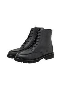 Botas de tobillo de cuero negro con diseño de cordones, punta redonda, parte superior texturizada, Suela de goma y costuras visibles. Logotipo en el lateral.