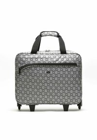 Black and white patterned rolling suitcase with a smooth finish, dual handles, front zipper pocket, and four wheels for mobility.