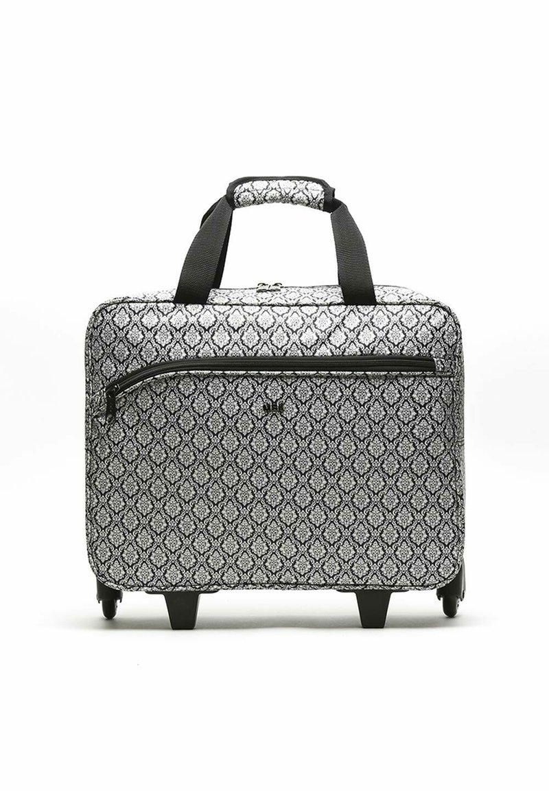 Black and white patterned rolling suitcase with a smooth finish, dual handles, front zipper pocket, and four wheels for mobility.