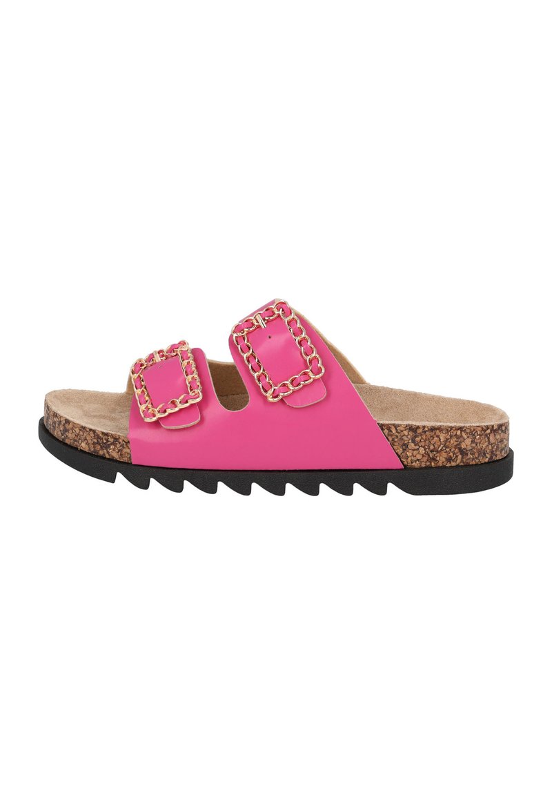 Pink slide sandal with cork footbed, two wide straps featuring square gold chain accents, and a textured black rubber sole.