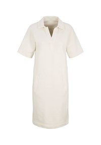 Cremefarbene Kurzarmkleid mit einem Schalkragen, ausgestattet mit Seitentaschen und einem geraden Schnitt. Hergestellt aus weichem, glattem Stoff mit einem schlichten Design.
