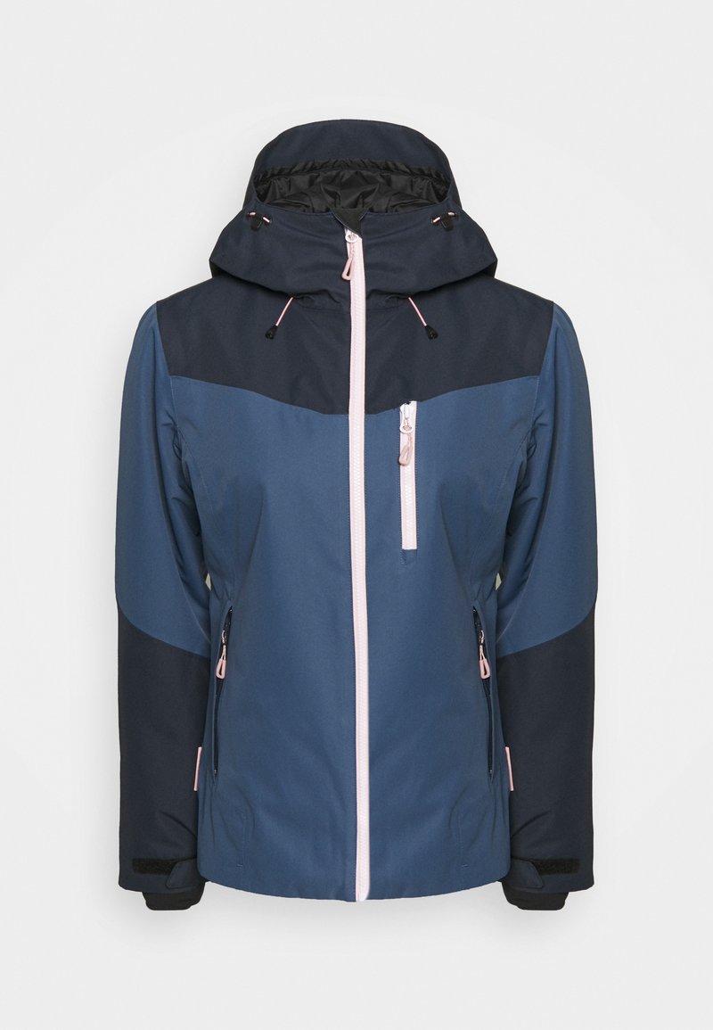 Blue and navy waterproof jacket with hood, featuring contrasting colors, zippers, and adjustable drawstrings on the hood and cuffs.