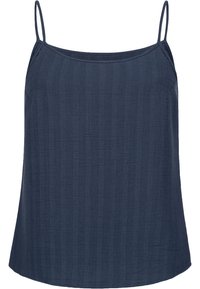 Marineblauwe camisole van gestructureerde stof met dunne bandjes en een rechte halslijn. Bevat verticale ribbels over de stof.