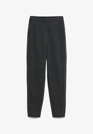 Dunkelgraue Sweatpants aus weichem Stoff, mit elasischem Bund und Seitennähten, im taillierten Schnitt und ohne sichtbare Taschen.