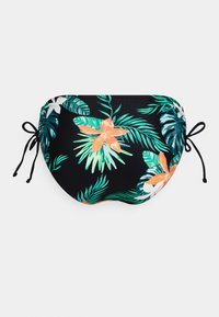 Parte de baixo de biquíni preta com padrões tropicais de flores e folhas em verde e laranja. Com laços laterais para um ajuste ajustável. Tecido liso e elástico.