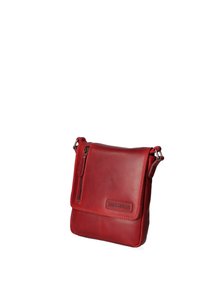 Borsa a tracolla in pelle rossa con patta frontale, tasca con zip e tracolla regolabile. Texture liscia e design minimalista con dettaglio del logo.