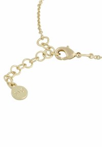 Guldtonad metallkedja med cirkelkopplingar, med en kräftklämma och en liten rund tagg graverad med "SNG." Slät, glänsande yta.