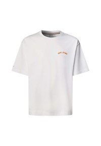 Weißes Baumwoll-T-Shirt mit Rundhalsausschnitt, kurzen Ärmeln und orangem "PEPE JEANS"-Schriftzug in Stickerei auf der linken Brust.