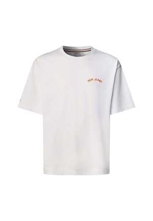 Valge puuvillane T-särk ümmarguse kaelusega ja lühikeste varrukatega, vasakul rinnal oranži tikandiga tekst "PEPE JEANS".