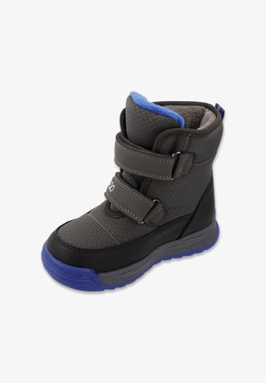 Czarne i szare zimowe buty z dwoma regulowanymi paskami na rzep, teksturowany materiał, miękkie niebieskie wyściółka i niebieska gumowa podeszwa.