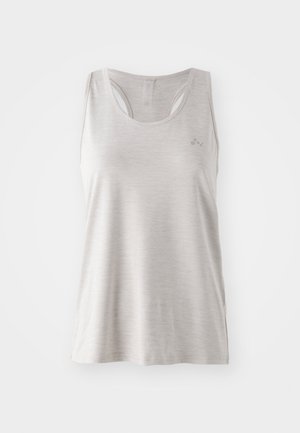 Ljust grå ärmlös t-shirt med rund halsringning, något texturerad tyg och smala axelremmar. Har en subtil logo på bröstet.