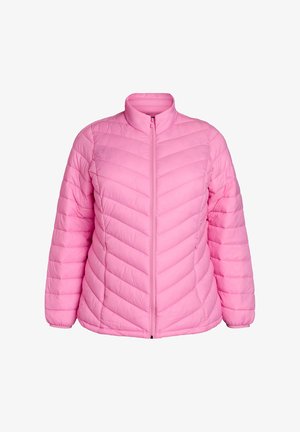 Pink puffer jacket with a high neck, zip closure, chevron quilted design, and ribbed cuffs. Made from lightweight, synthetic material.