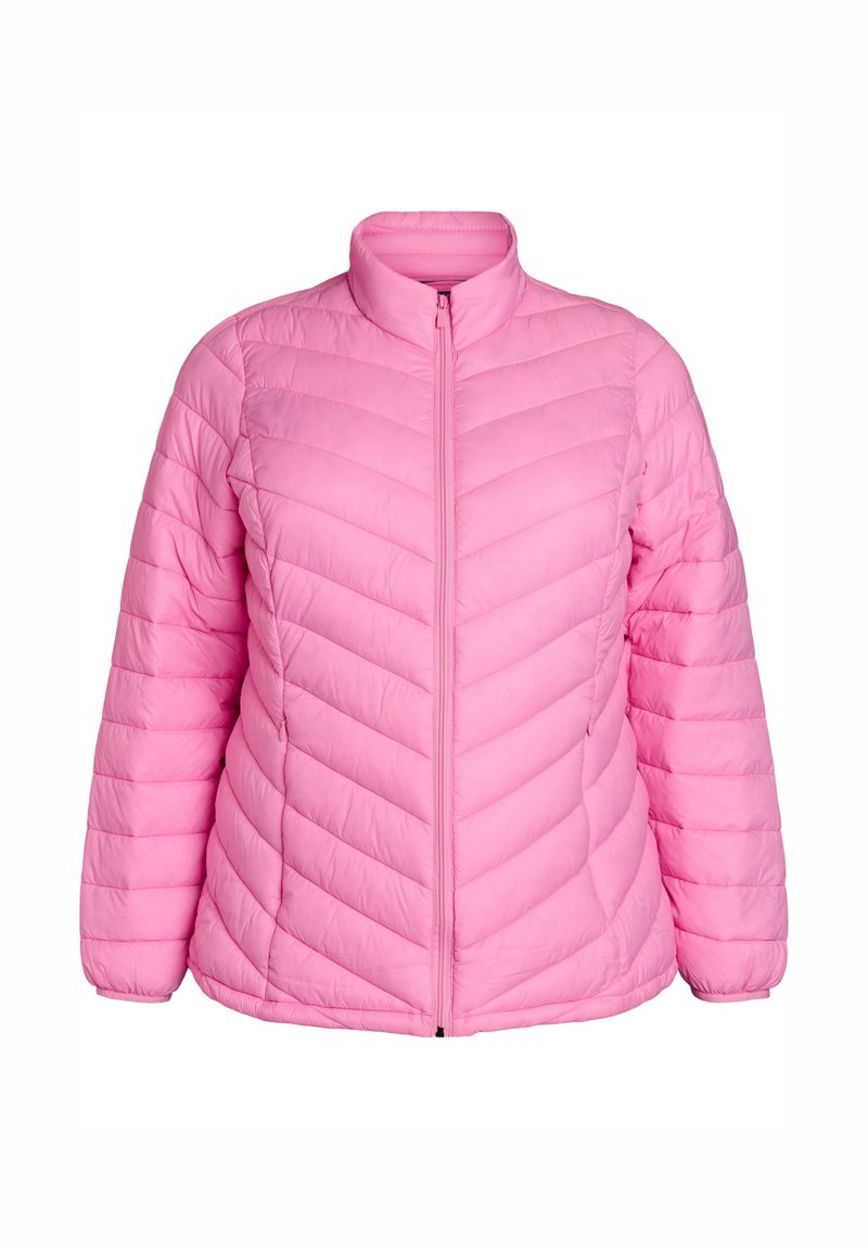 Rosa Steppjacke mit hohem Kragen, Reißverschluss, Chevron-Steppmuster und gerippten Bündchen. Hergestellt aus leichtem, synthetischem Material.