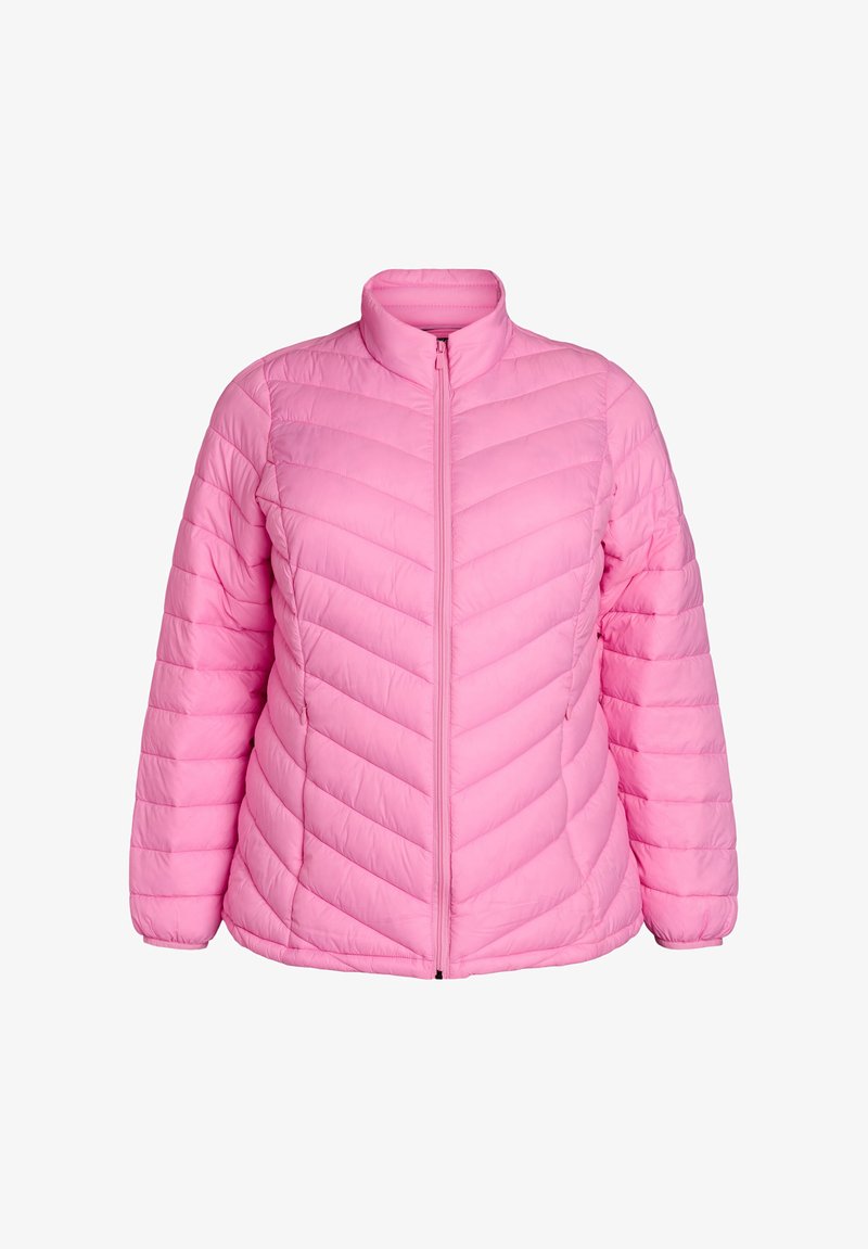 Rosa Steppjacke mit hohem Kragen, Reißverschluss, Chevron-Steppmuster und gerippten Bündchen. Hergestellt aus leichtem, synthetischem Material.