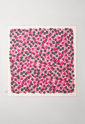 Square silk scarf featuring a floral pattern in pink, black, and yellow against a light background. Trimmed in red at the edge.