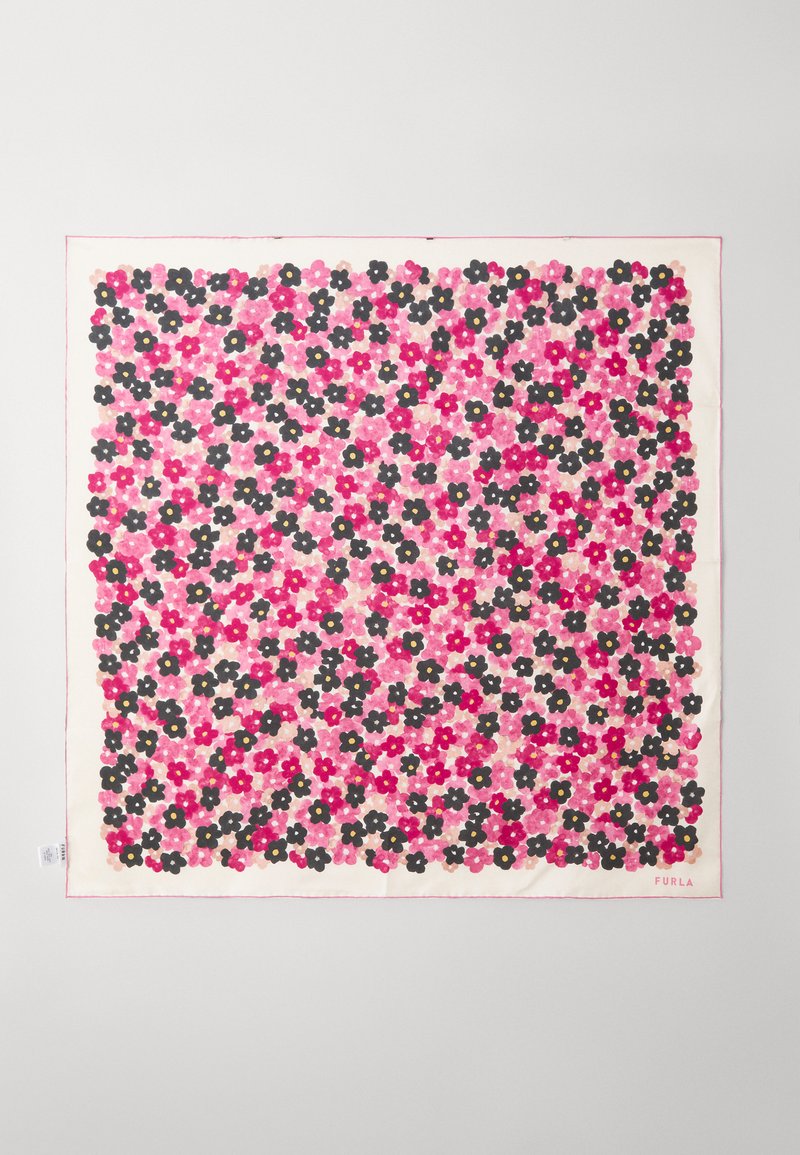 Lenço de seda quadrado com um padrão floral em rosa, preto e amarelo sobre um fundo claro. Com uma borda vermelha nas extremidades.