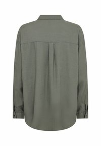 Olivgrünes, langärmliges Hemd mit Kragen, einer mittigen Falte auf der Rückseite und geknöpften Manschetten. Weicher, strukturierter Stoff, leicht lockere Passform.