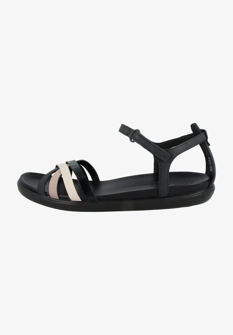 Svart sandaler med flera remmar i varierande bredder, med släta och texturerade material. Justerbar vristrem och vadderad sula.