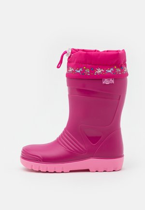 Botte de pluie en caoutchouc rose pour enfants avec bord réglable en tissu présentant des motifs de licornes et de fleurs.