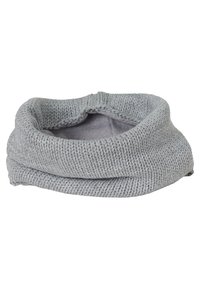 Gray knitted cowl neck warmer with a soft texture, featuring a wide, elastic design and a slightly folded top edge.