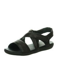 Schwarze LederSandalen mit überkreuzten Riemen, offenen Zehen und flacher Sohle. Glatte Textur mit minimalistischem Design und gepolstertem Fußbett.