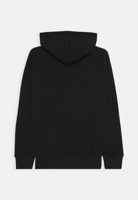 Felpa nera con cappuccio, tessuto morbido, maniche raglan, polsini e orlo a coste, texture liscia, design minimalista, senza loghi o fantasie visibili.