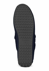 Dunkelblaue Textilschuhe mit einer strukturierten Gummisohle, die runde Grip-Punkte und ein leichtes Fußgewölbe aufweist, mit der Aufschrift "Giesswein" und Größe 38.