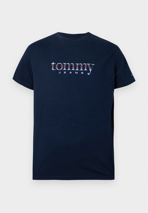 Navy blue cotton T-shirt featuring "tommy JEANS" in colored letters, short sleeves, and a classic crew neck design.