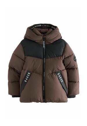 Braune Daunenjacke mit schwarzem oberen Abschnitt, Kapuze, Reißverschluss und Logostreifen. Verfügt über Seitentaschen und eine gesteppten Textur.