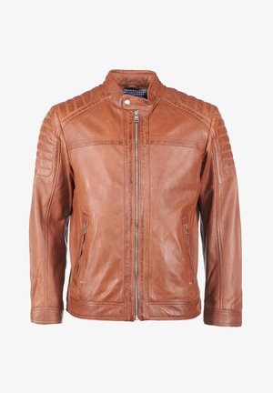 Brun læderjakke med lynlåslukning, quiltede skulderdetaljer, to sidelommer og et ternet indvendigt foer.