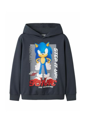 Sweat à capuche bleu marine avec Sonic the Hedgehog et les textes "Let's Roll," "Step It Up," et "Life in the Fast Lane" à l’avant.