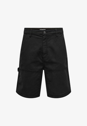 Czarne szorty cargo z bawełny, z zapięciem na guzik, szlufkami na pasek i dużymi kieszeniami bocznymi. Prosty design z naszytymi szwami.