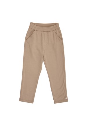 Beige afslappede bukser med elastik i taljen og sidelommer, vist på en hvid baggrund.